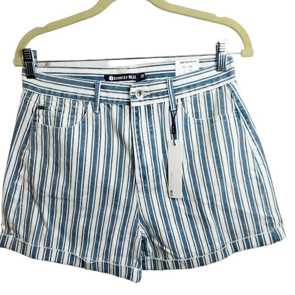 (897)Tractr Blu High Rise Blue White Striped Denim Shorts Size 28